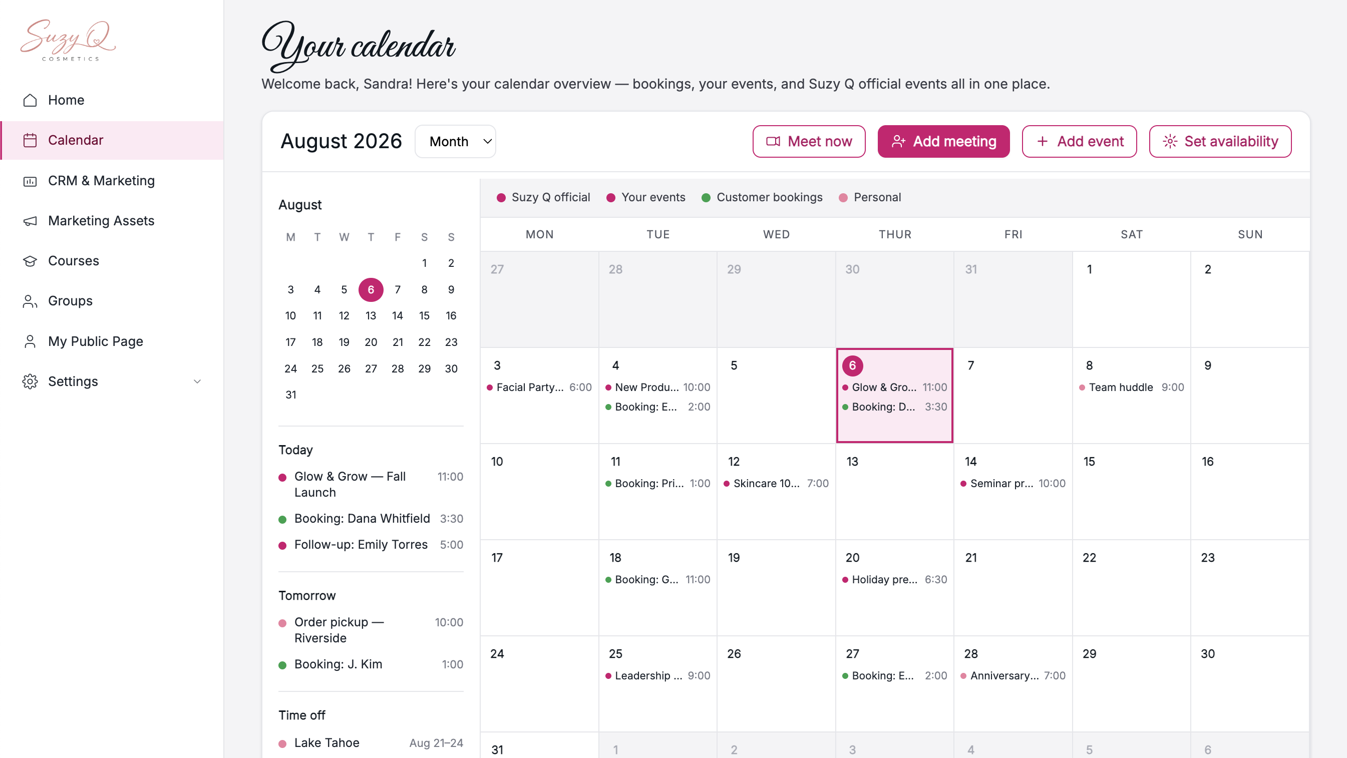 The smart calendar with bookings, events and availability