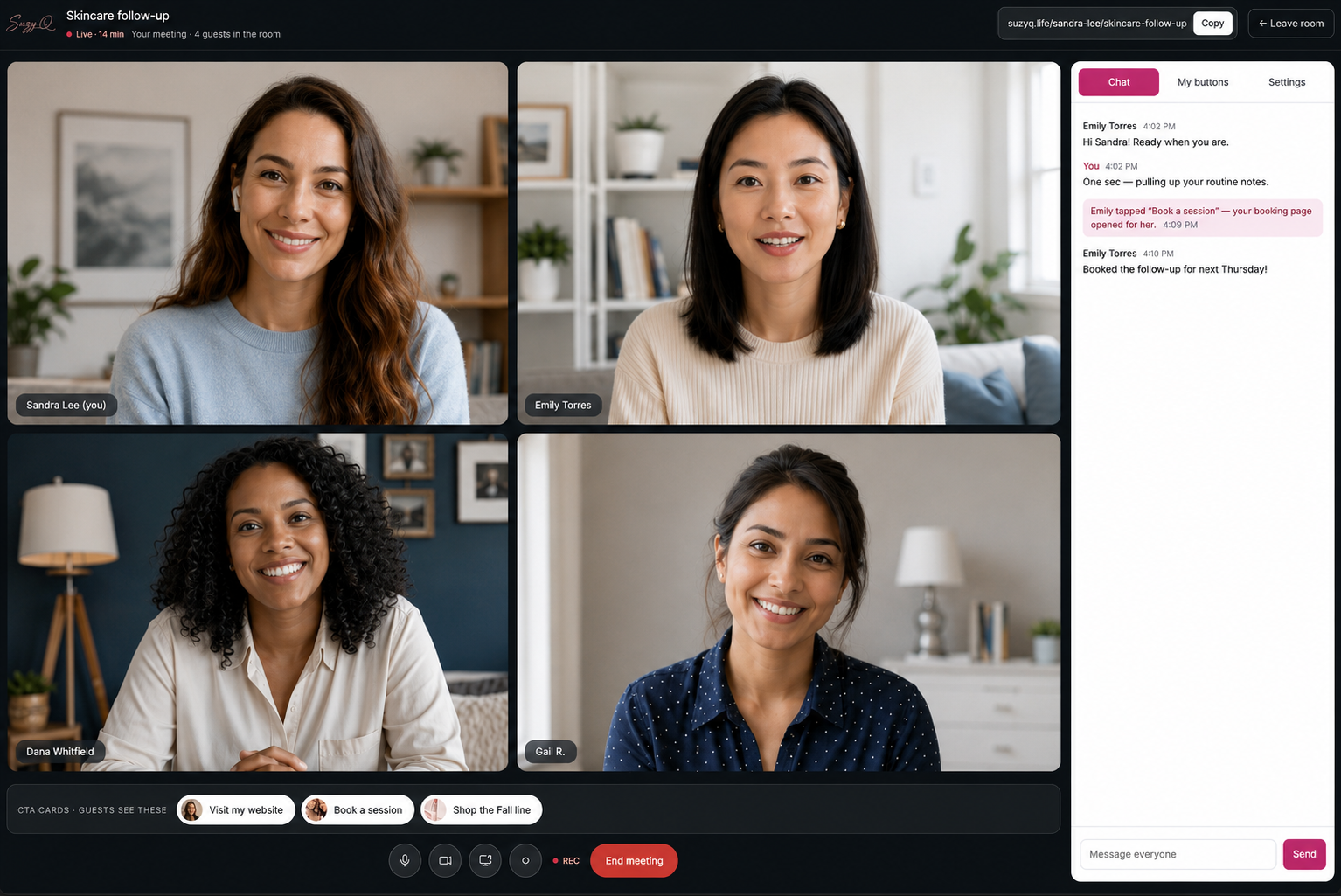 A live webinar room with special-offer cards and chat